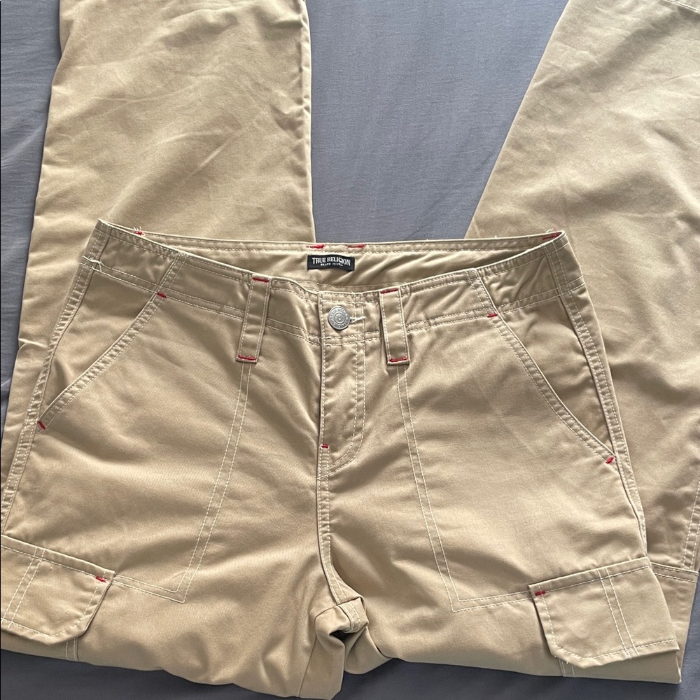 True Religion Beige Cargo Trousers with Red Stitching